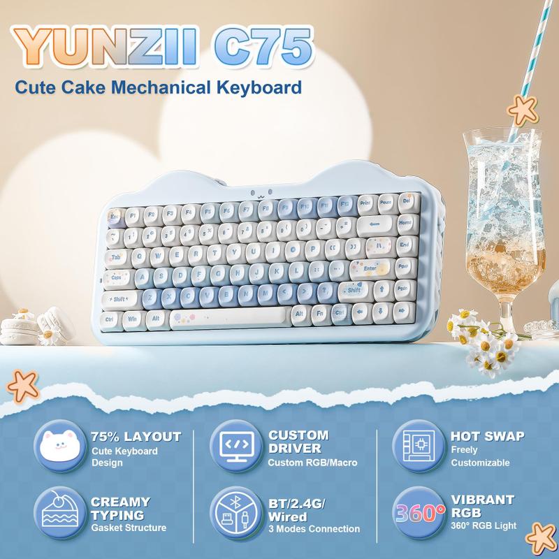 Teclado sem fio YUNZII C75, layout 75%, hot-swappable, RGB